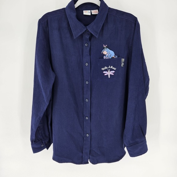 Disney Tops - Disney Eeyore Winnie the Pooh Navy Blue Faux Suede Button Down Shirt Women Large